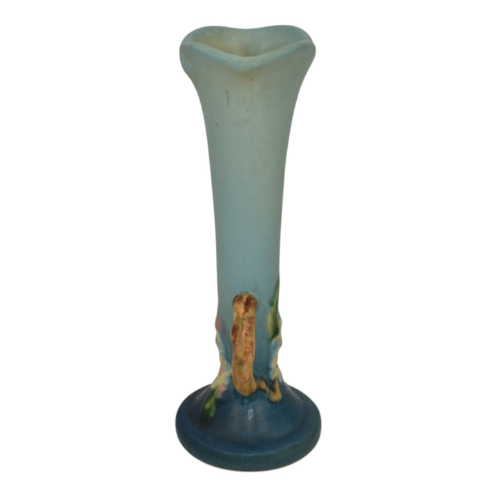 Roseville Apple Blossom Blue 1949 Mid Century Modern Art Pottery Bud Vase 379-7 - Just Art Pottery