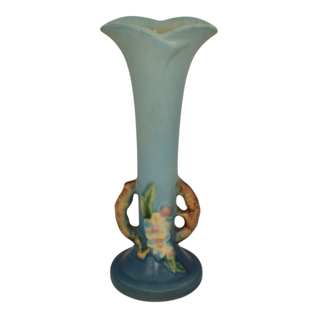 Roseville Apple Blossom Blue 1949 Mid Century Modern Art Pottery Bud Vase 379-7 - Just Art Pottery