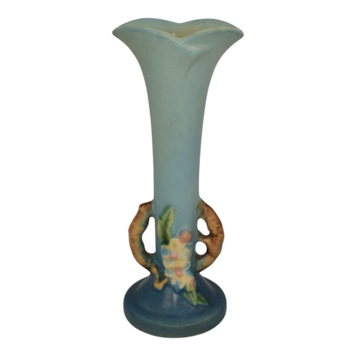 Roseville Apple Blossom Blue 1949 Mid Century Modern Art Pottery Bud Vase 379-7 - Just Art Pottery