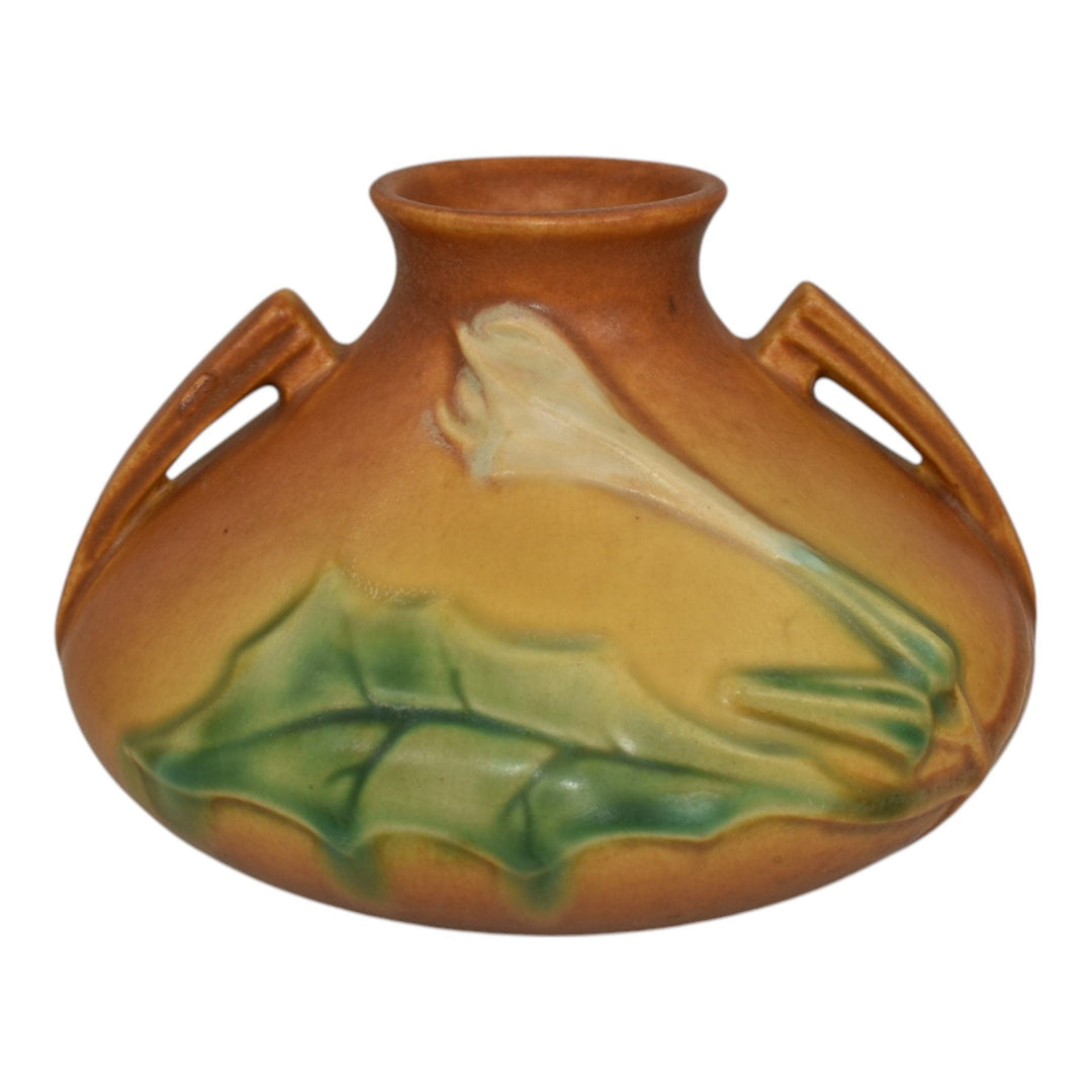 Roseville Thornapple Brown 1937 Art Deco Pottery Ceramic Squat Vase 808-4 - Just Art Pottery