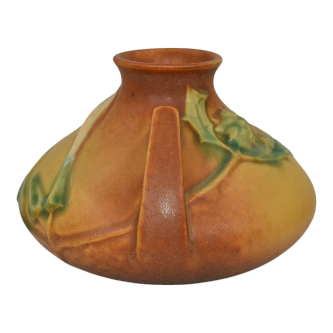 Roseville Thornapple Brown 1937 Art Deco Pottery Ceramic Squat Vase 808-4 - Just Art Pottery