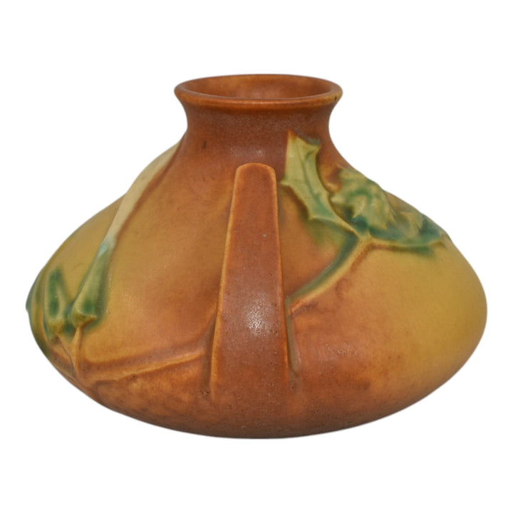 Roseville Thornapple Brown 1937 Art Deco Pottery Ceramic Squat Vase 808-4 - Just Art Pottery