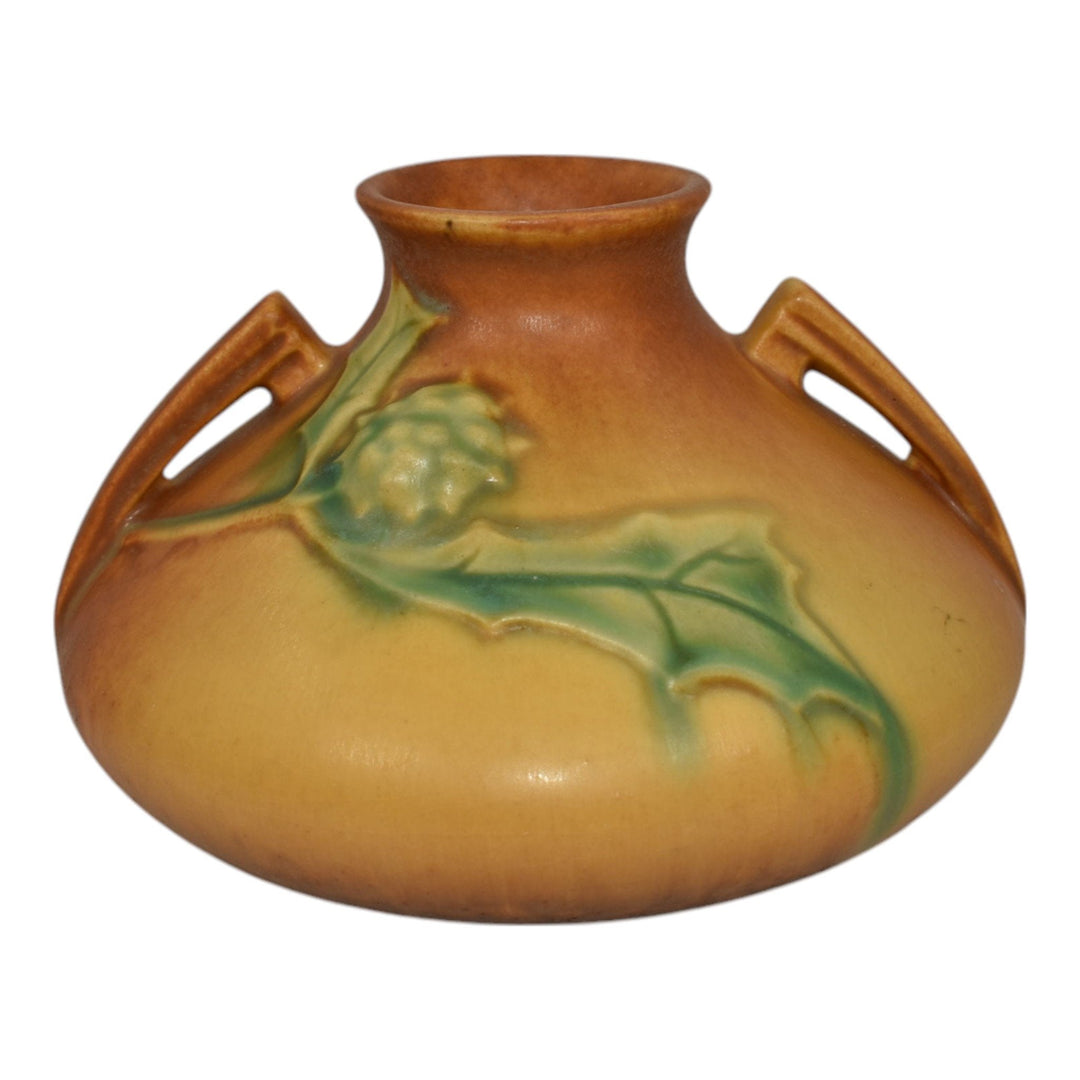 Roseville Thornapple Brown 1937 Art Deco Pottery Ceramic Squat Vase 808-4 - Just Art Pottery