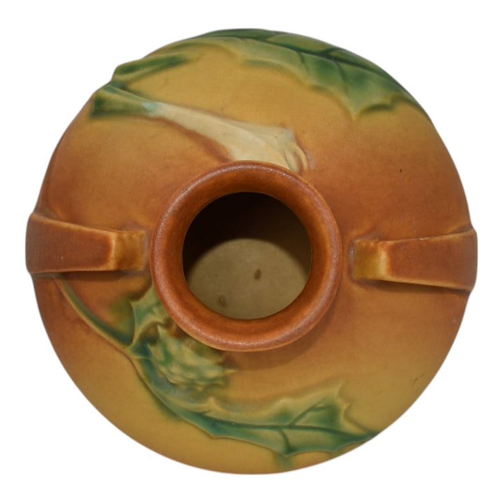 Roseville Thornapple Brown 1937 Art Deco Pottery Ceramic Squat Vase 808-4 - Just Art Pottery