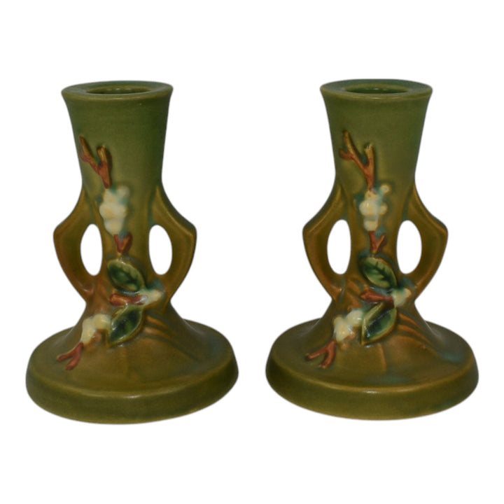 Roseville Snowberry Green 1947 Mid Century Modern Pottery Candle Holders 1CS2