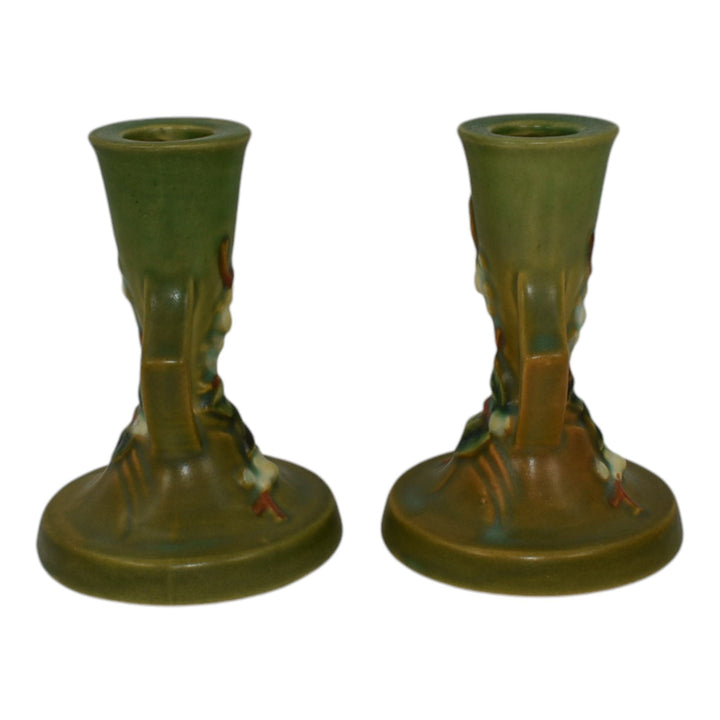 Roseville Snowberry Green 1947 Mid Century Modern Pottery Candle Holders 1CS2