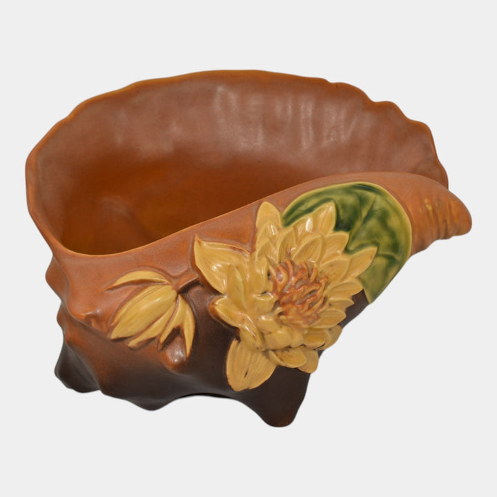 Roseville Water Lily Brown 1943 Vintage Pottery Conch Shell Planter Vase 438-8 - Just Art Pottery
