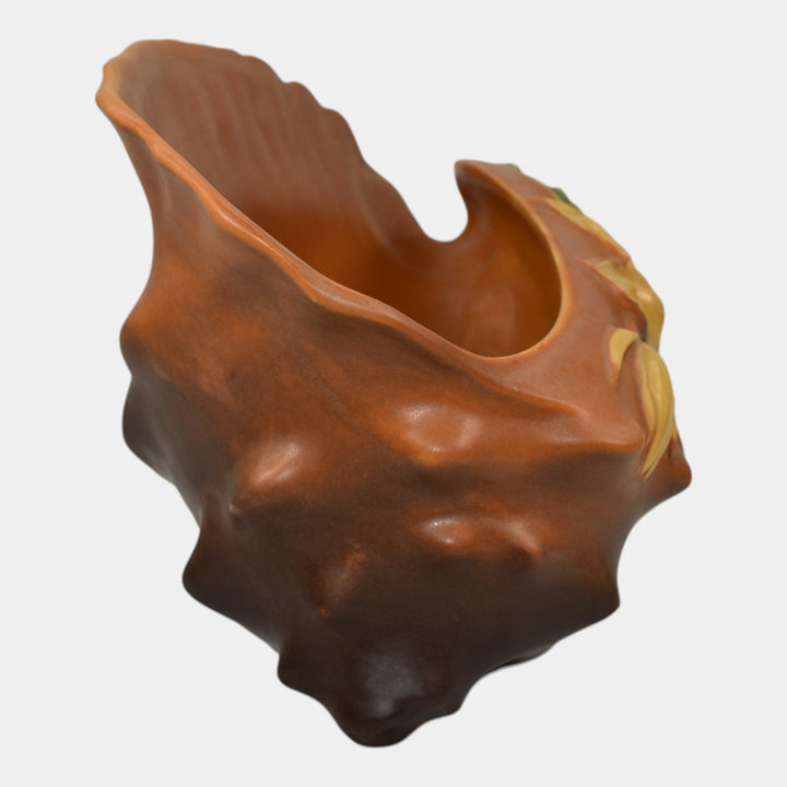 Roseville Water Lily Brown 1943 Vintage Pottery Conch Shell Planter Vase 438-8 - Just Art Pottery