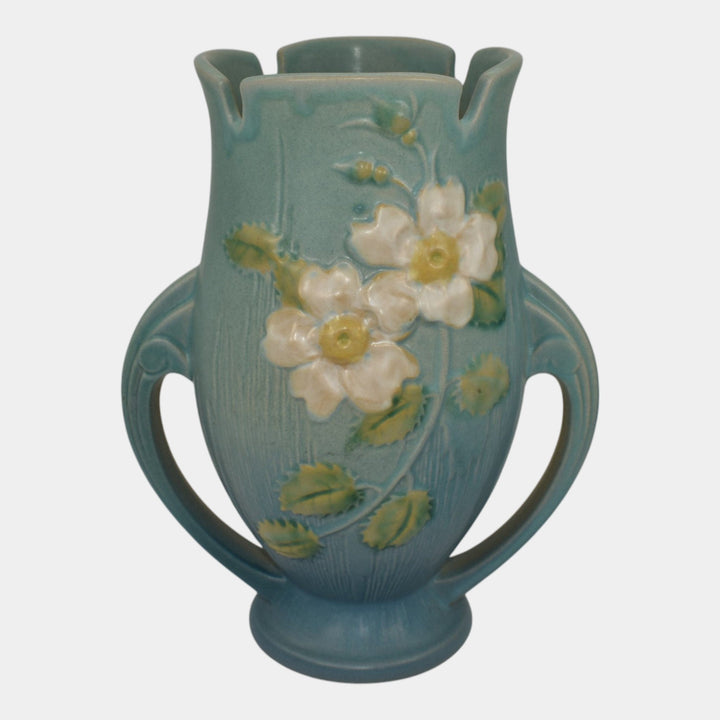 Roseville White Rose Blue 1940 Vintage Art Deco Pottery Ceramic Vase 986-9 - Just Art Pottery