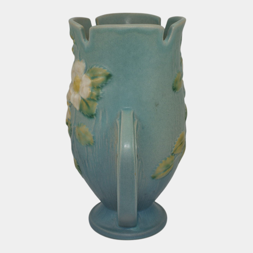 Roseville White Rose Blue 1940 Vintage Art Deco Pottery Ceramic Vase 986-9 - Just Art Pottery