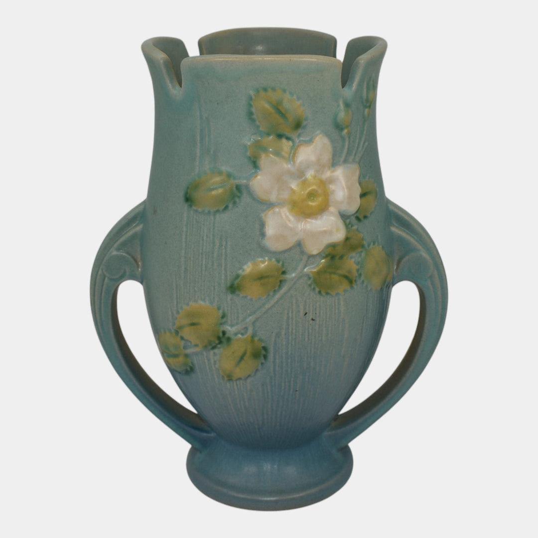 Roseville White Rose Blue 1940 Vintage Art Deco Pottery Ceramic Vase 986-9 - Just Art Pottery