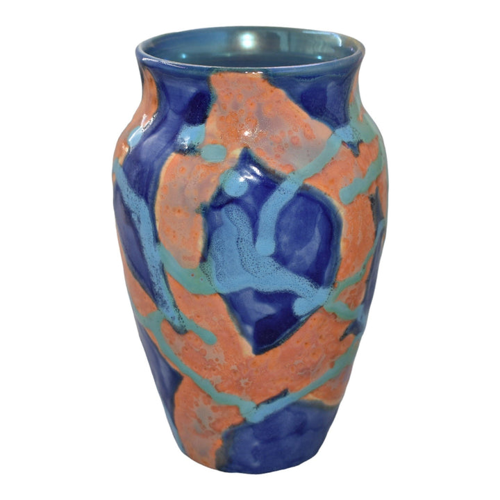 Paul Katrich Studio Art Pottery 2006 Blue Orange Streak Luster Glaze Vase 1052