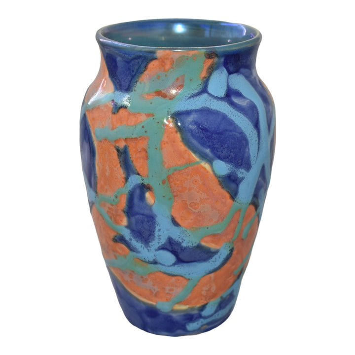 Paul Katrich Studio Art Pottery 2006 Blue Orange Streak Luster Glaze Vase 1052 - Just Art Pottery