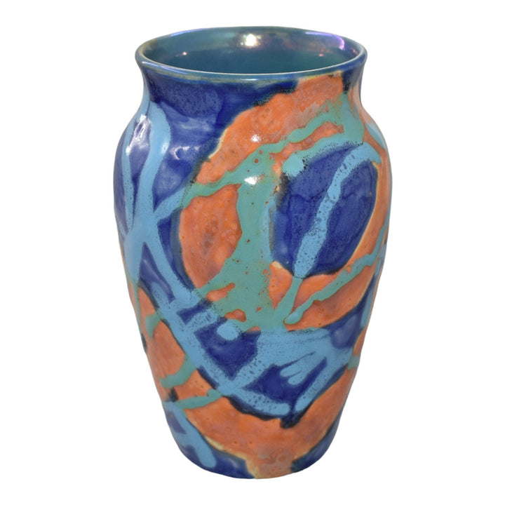 Paul Katrich Studio Art Pottery 2006 Blue Orange Streak Luster Glaze Vase 1052