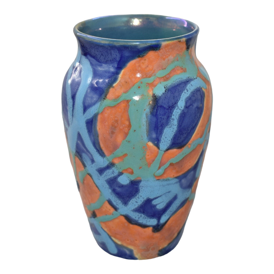 Paul Katrich Studio Art Pottery 2006 Blue Orange Streak Luster Glaze Vase 1052 - Just Art Pottery