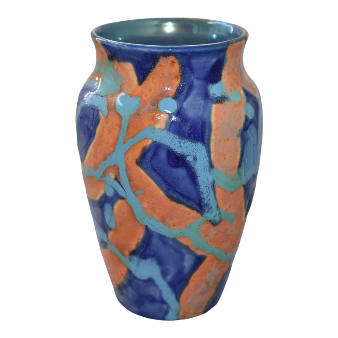 Paul Katrich Studio Art Pottery 2006 Blue Orange Streak Luster Glaze Vase 1052