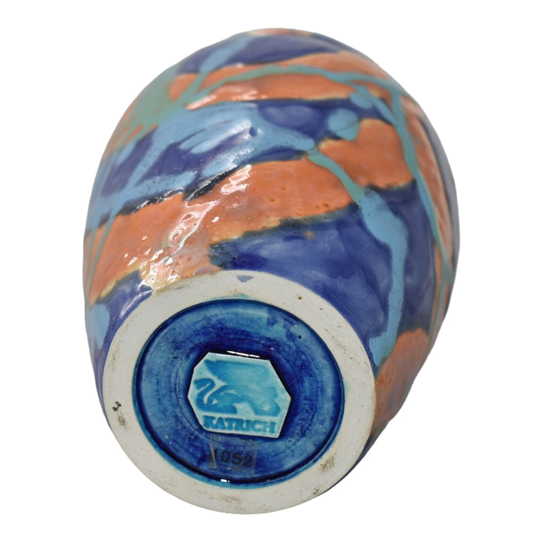 Paul Katrich Studio Art Pottery 2006 Blue Orange Streak Luster Glaze Vase 1052 - Just Art Pottery