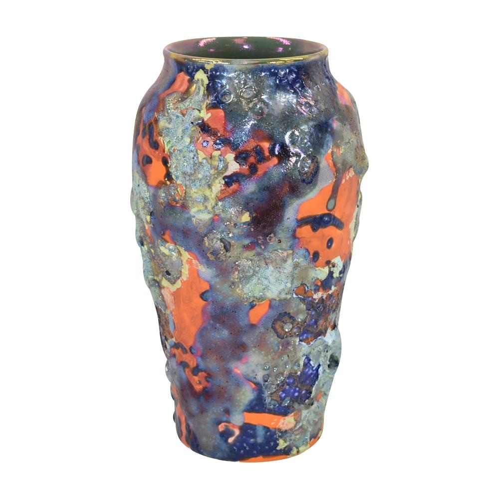 Paul Katrich Studio Art Pottery 2013 Blue Orange Cosmic Fusion Luster Vase 1575