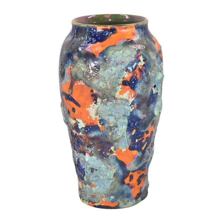 Paul Katrich Studio Art Pottery 2013 Blue Orange Cosmic Fusion Luster Vase 1575