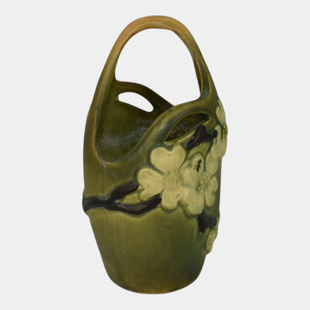 Roseville Dogwood Smooth Green 1920 Vintage Art Pottery Ceramic Basket - Just Art Pottery