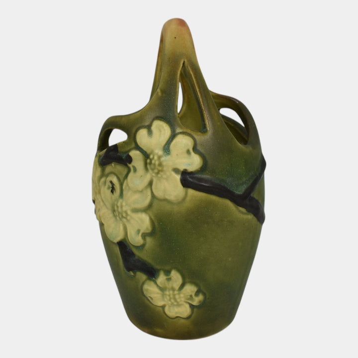 Roseville Dogwood Smooth Green 1920 Vintage Art Pottery Ceramic Basket - Just Art Pottery