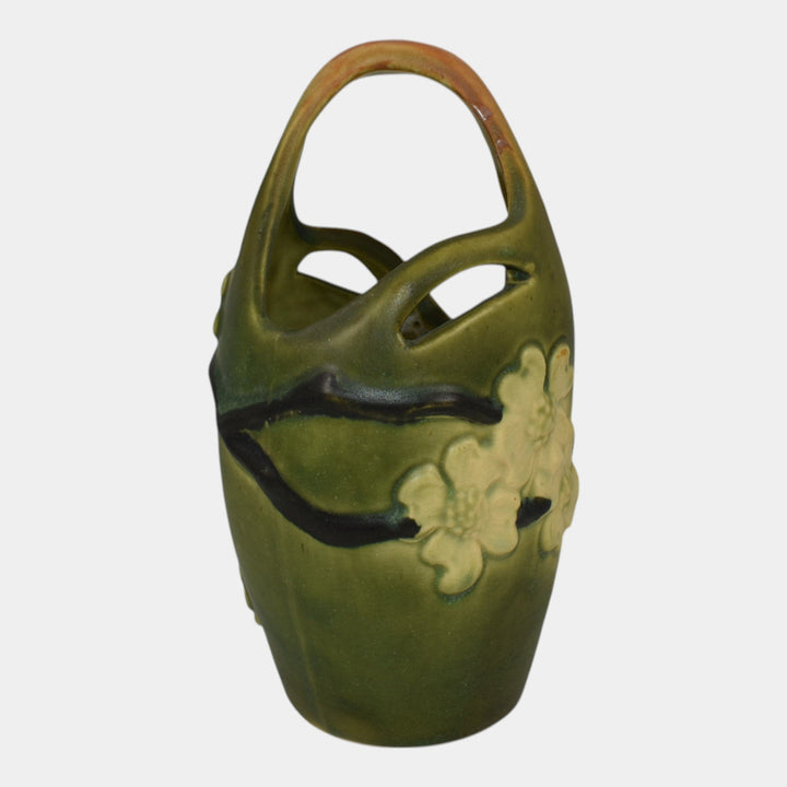 Roseville Dogwood Smooth Green 1920 Vintage Art Pottery Ceramic Basket - Just Art Pottery
