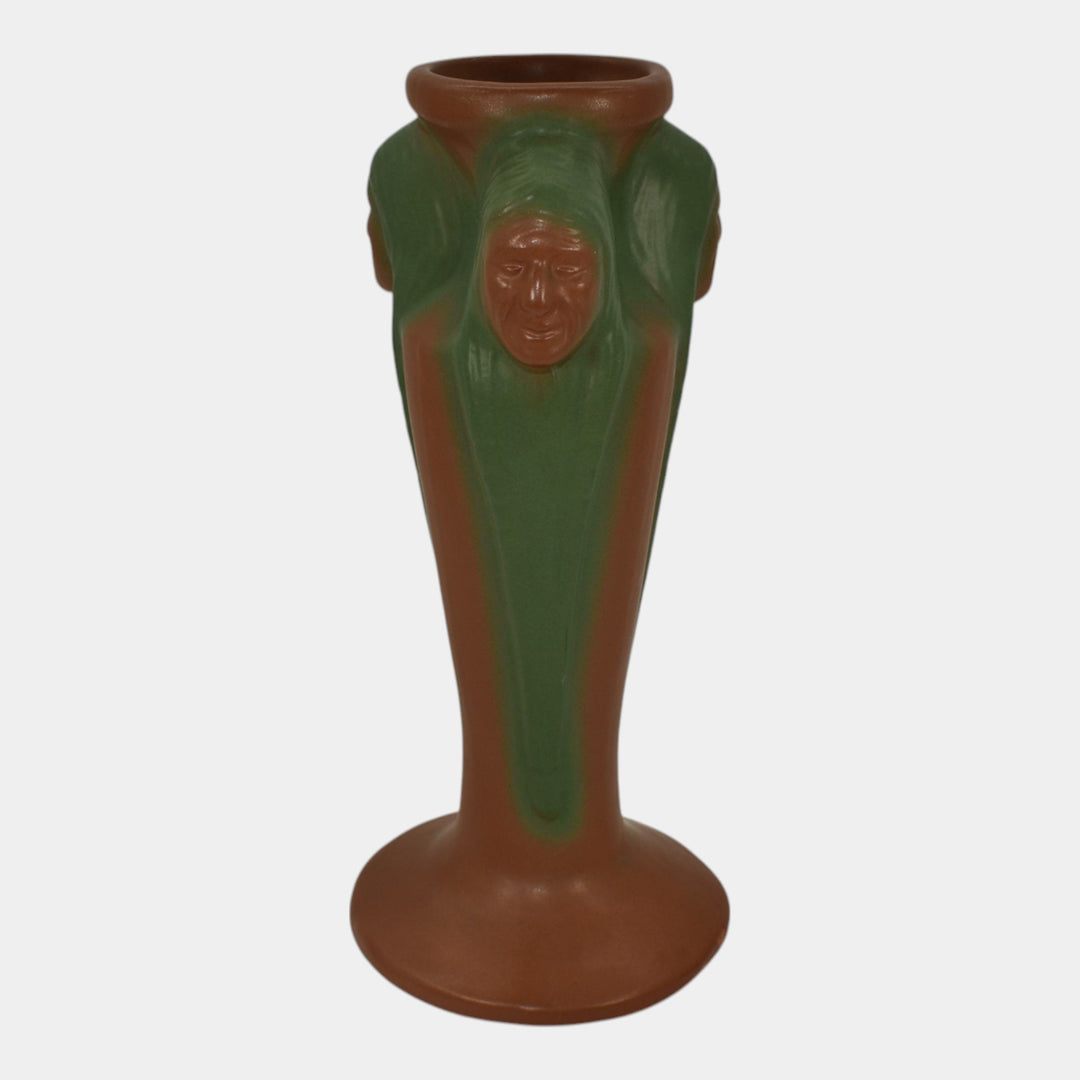 Van Briggle Pottery 1920s Three Native American Faces Mountain Crag Brown Vase