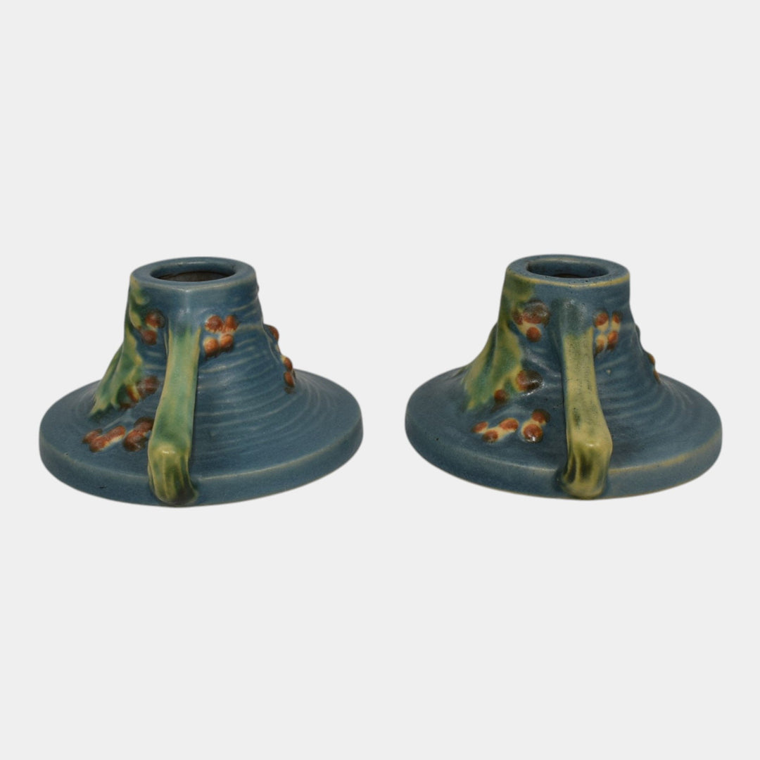 Roseville Bushberry Blue 1941 Vintage Art Pottery Ceramic Candle Holders 1147 - Just Art Pottery