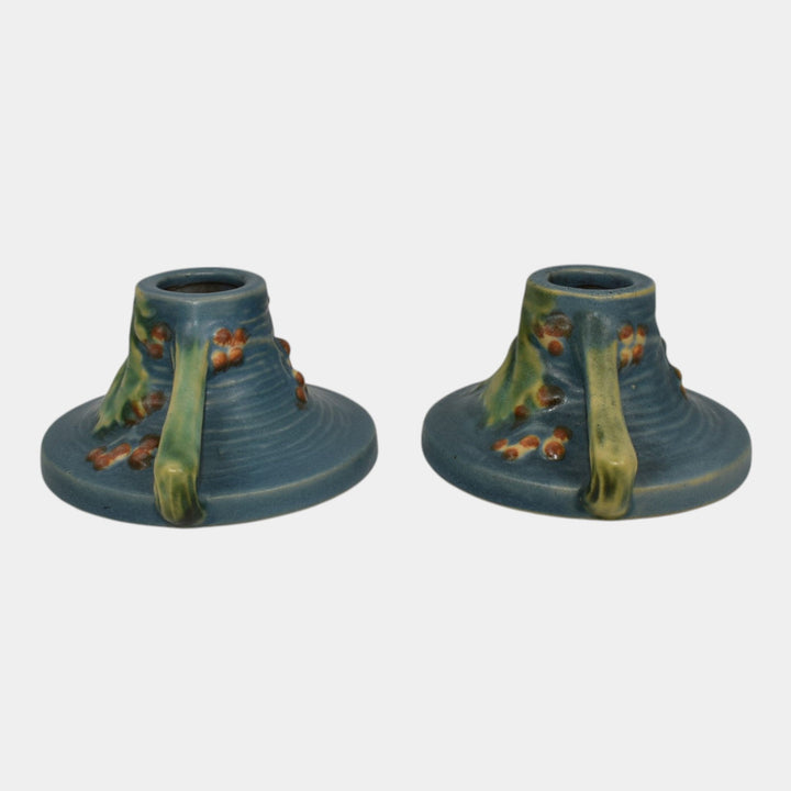 Roseville Bushberry Blue 1941 Vintage Art Pottery Ceramic Candle Holders 1147 - Just Art Pottery