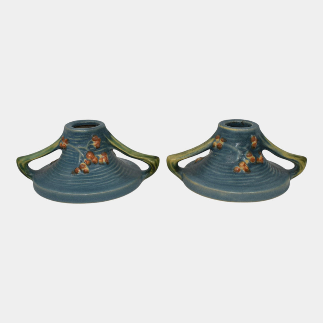 Roseville Bushberry Blue 1941 Vintage Art Pottery Ceramic Candle Holders 1147 - Just Art Pottery