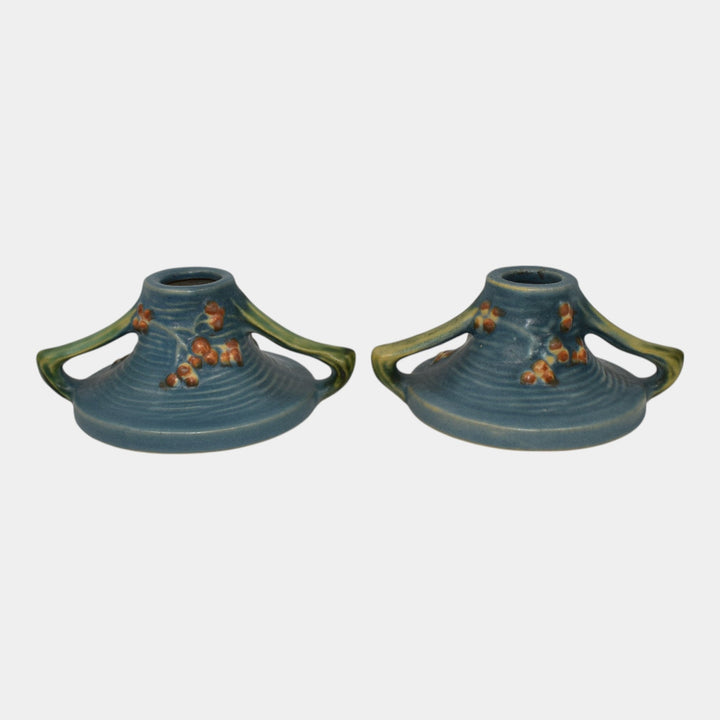 Roseville Bushberry Blue 1941 Vintage Art Pottery Ceramic Candle Holders 1147 - Just Art Pottery