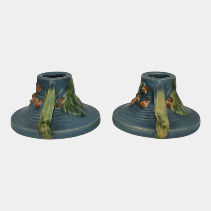 Roseville Bushberry Blue 1941 Vintage Art Pottery Ceramic Candle Holders 1147 - Just Art Pottery