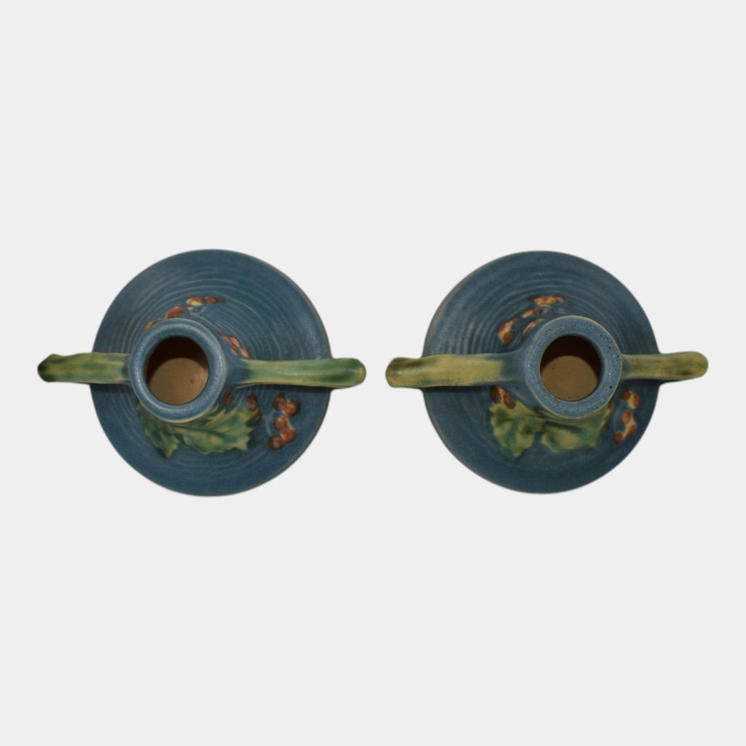 Roseville Bushberry Blue 1941 Vintage Art Pottery Ceramic Candle Holders 1147 - Just Art Pottery