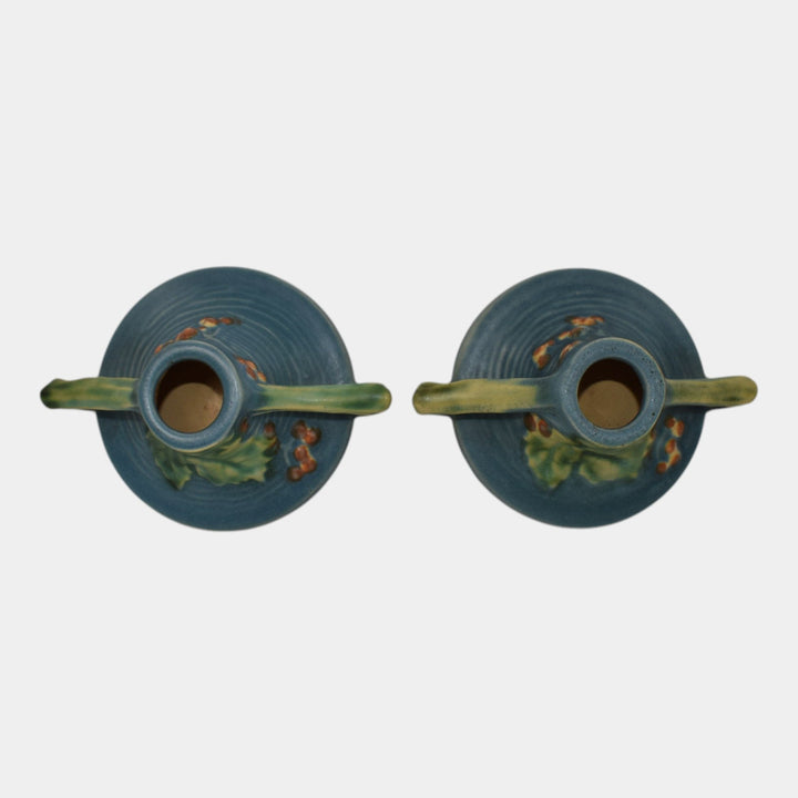 Roseville Bushberry Blue 1941 Vintage Art Pottery Ceramic Candle Holders 1147 - Just Art Pottery