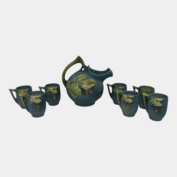 Roseville Bushberry Blue 1941 Vintage Art Pottery Pitcher 1325 Mugs 1-3 - Just Art Pottery