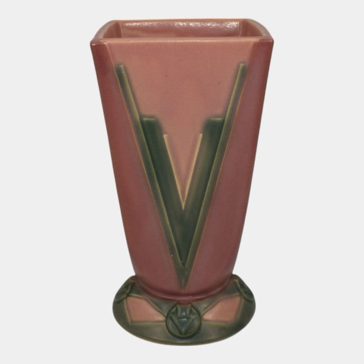 Roseville Futura Pink Green 1928 Art Deco Pottery Ceramic Victory Vee Vase 399-7