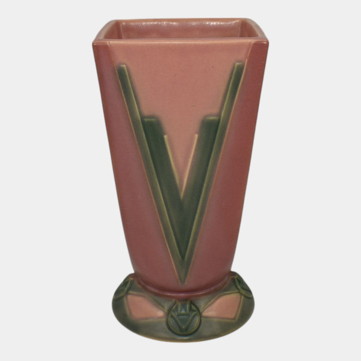 Roseville Futura Pink Green 1928 Art Deco Pottery Ceramic Victory Vee Vase 399-7