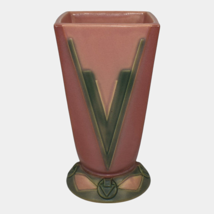 Roseville Futura Pink Green 1928 Art Deco Pottery Ceramic Victory Vee Vase 399-7