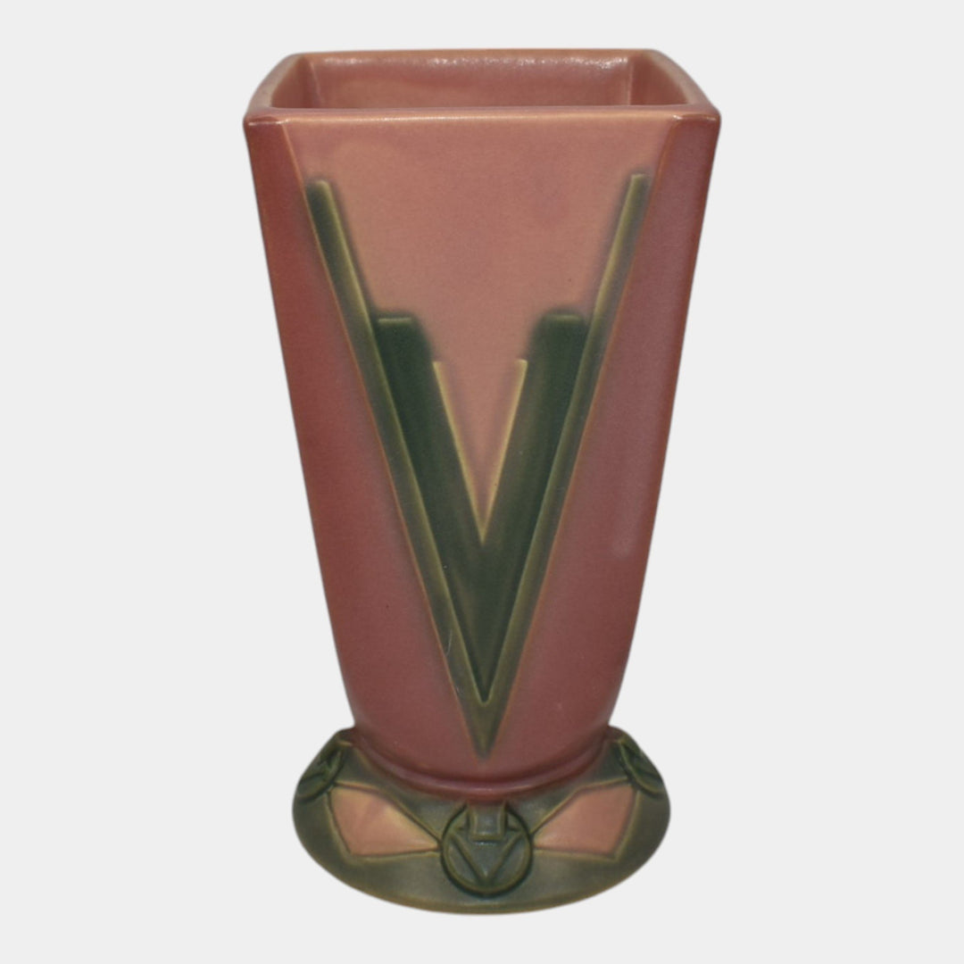 Roseville Futura Pink Green 1928 Art Deco Pottery Ceramic Victory Vee Vase 399-7