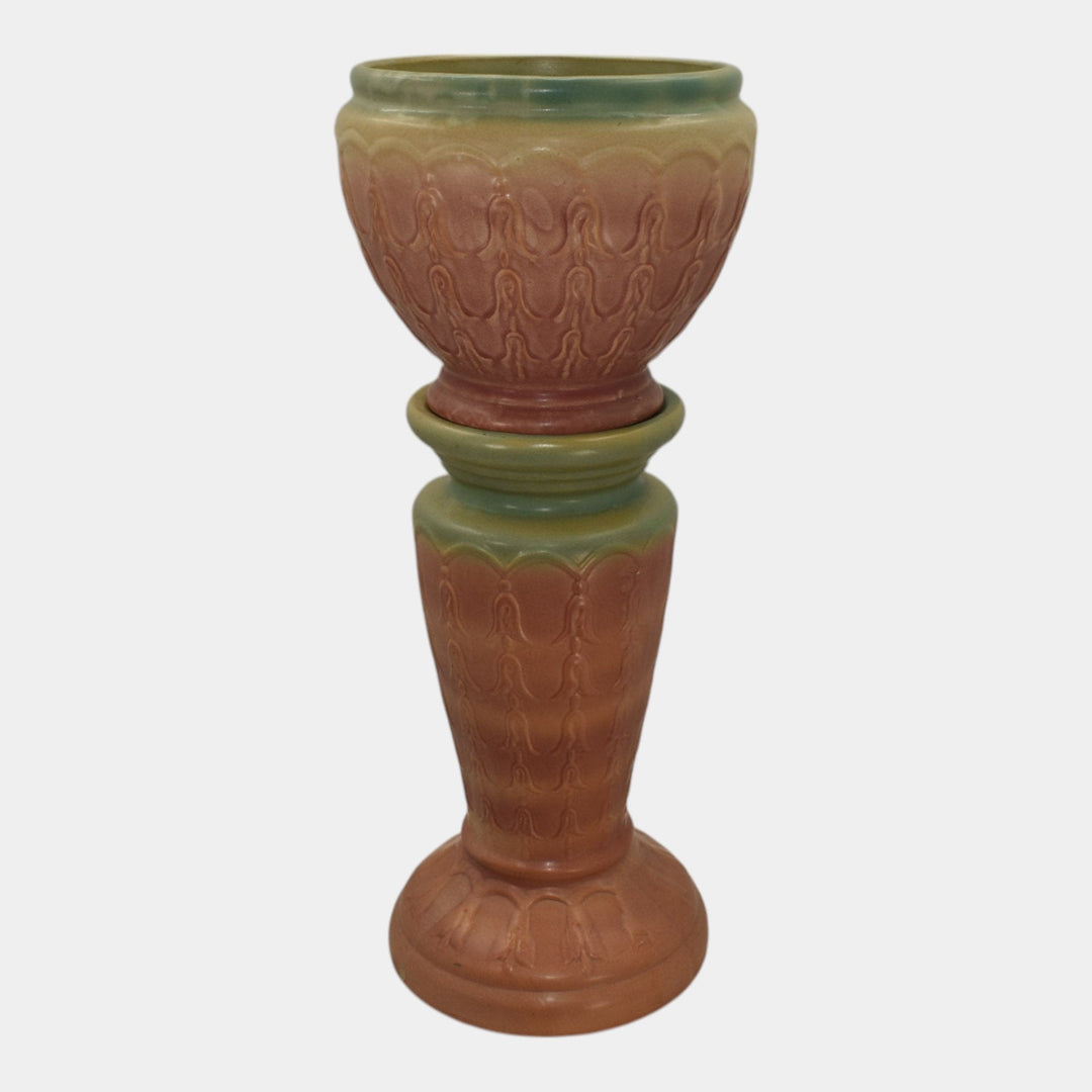 McCoy 1930s Art Pottery Blended Matte Glaze Bell Flower Jardiniere And Pedestal - Just Art Pottery