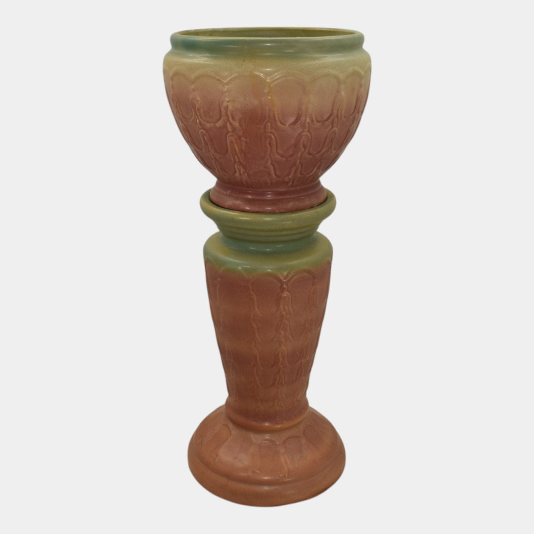 McCoy 1930s Art Pottery Blended Matte Glaze Bell Flower Jardiniere And Pedestal - Just Art Pottery