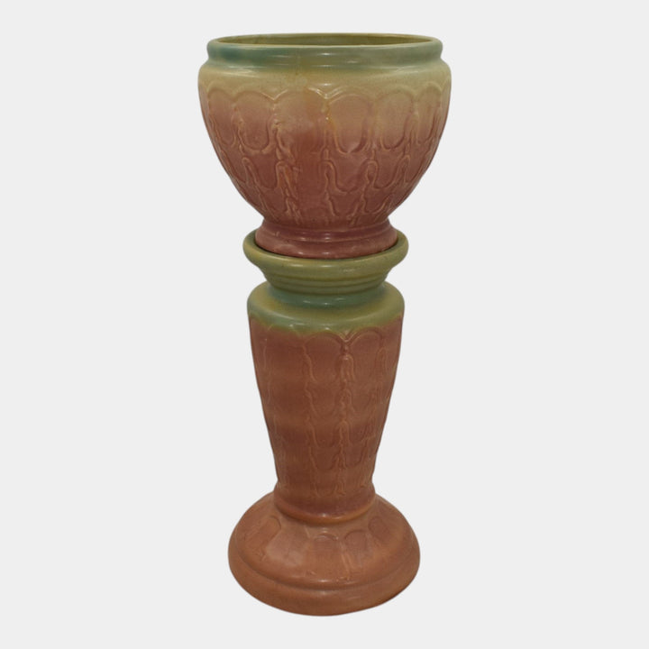 McCoy 1930s Art Pottery Blended Matte Glaze Bell Flower Jardiniere And Pedestal - Just Art Pottery