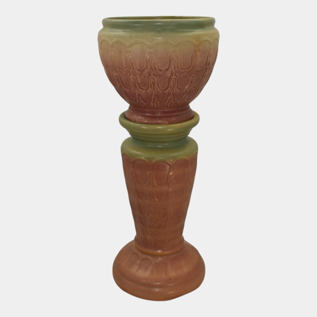 McCoy 1930s Art Pottery Blended Matte Glaze Bell Flower Jardiniere And Pedestal - Just Art Pottery
