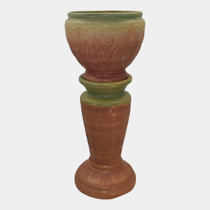 McCoy 1930s Art Pottery Blended Matte Glaze Bell Flower Jardiniere And Pedestal - Just Art Pottery
