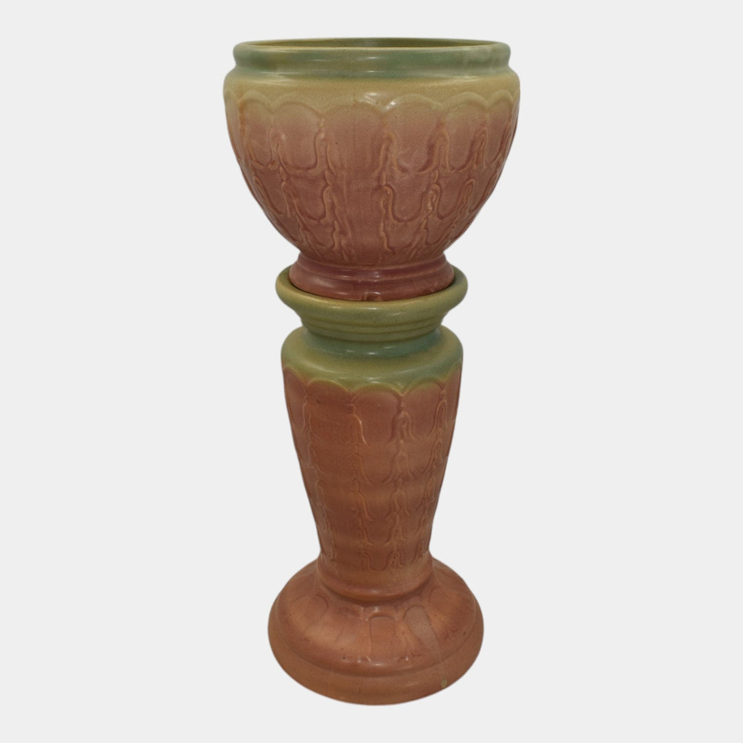 McCoy 1930s Art Pottery Blended Matte Glaze Bell Flower Jardiniere And Pedestal - Just Art Pottery