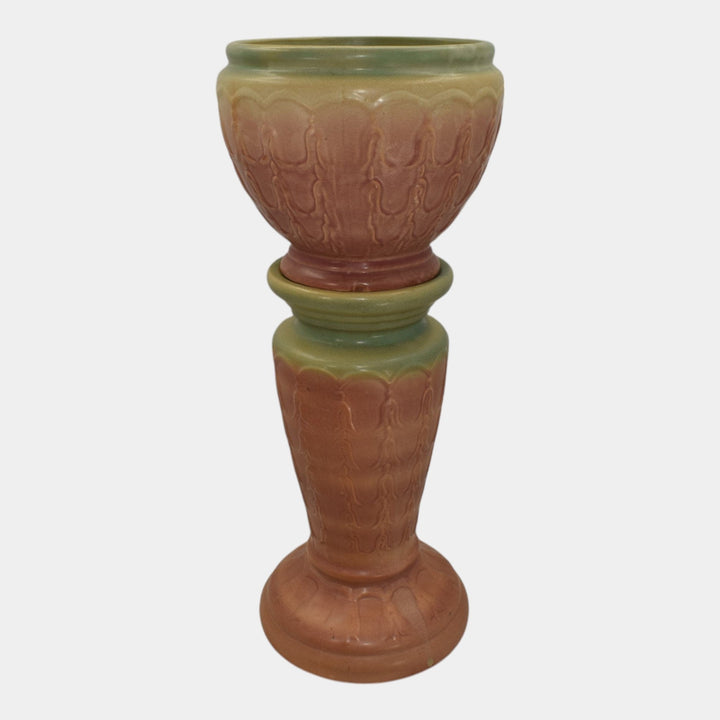McCoy 1930s Art Pottery Blended Matte Glaze Bell Flower Jardiniere And Pedestal - Just Art Pottery