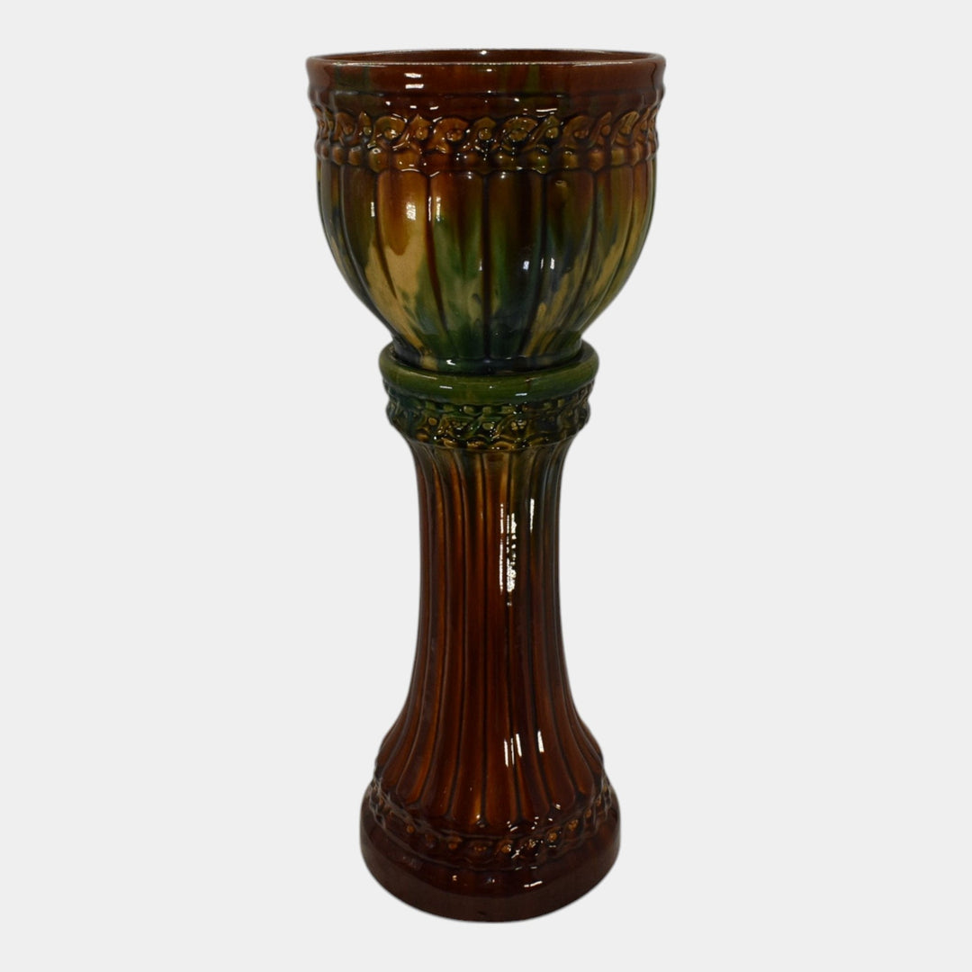 McCoy 1920s Art Deco Pottery Blended Majolica Ceramic Jardiniere And Pedestal 40 - Just Art Pottery