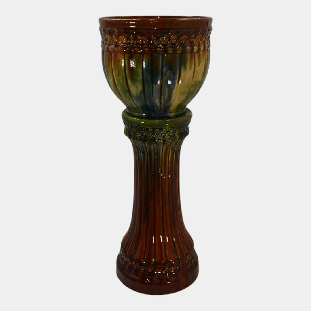 McCoy 1920s Art Deco Pottery Blended Majolica Ceramic Jardiniere And Pedestal 40 - Just Art Pottery