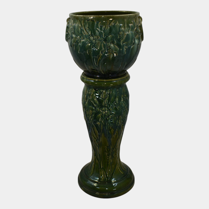 McCoy 1930s Art Pottery Blended Green Holly Berry Jardiniere And Pedestal