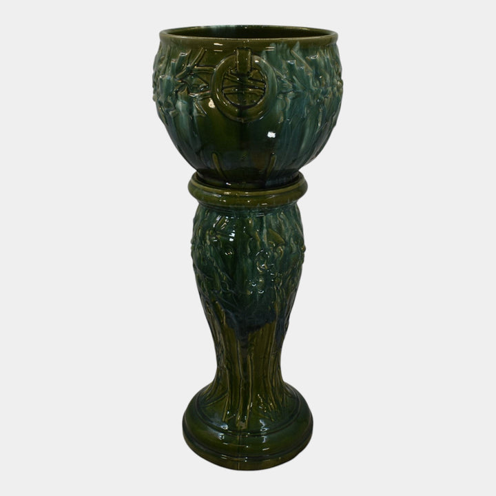 McCoy 1930s Art Pottery Blended Green Holly Berry Jardiniere And Pedestal